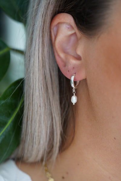 Sterling Silver Huggie Hoops + Pearl