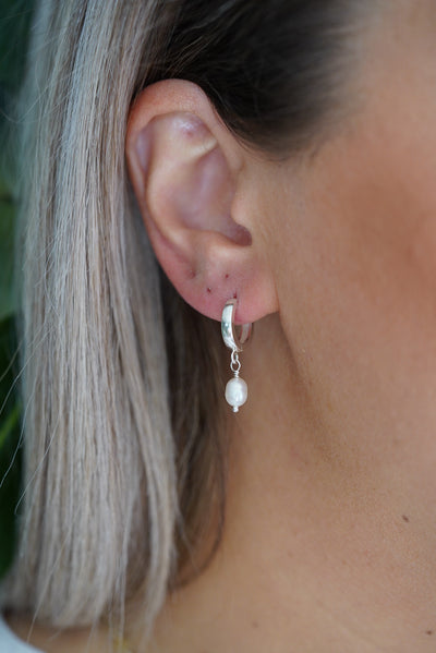 Sterling Silver Huggie Hoops + Pearl